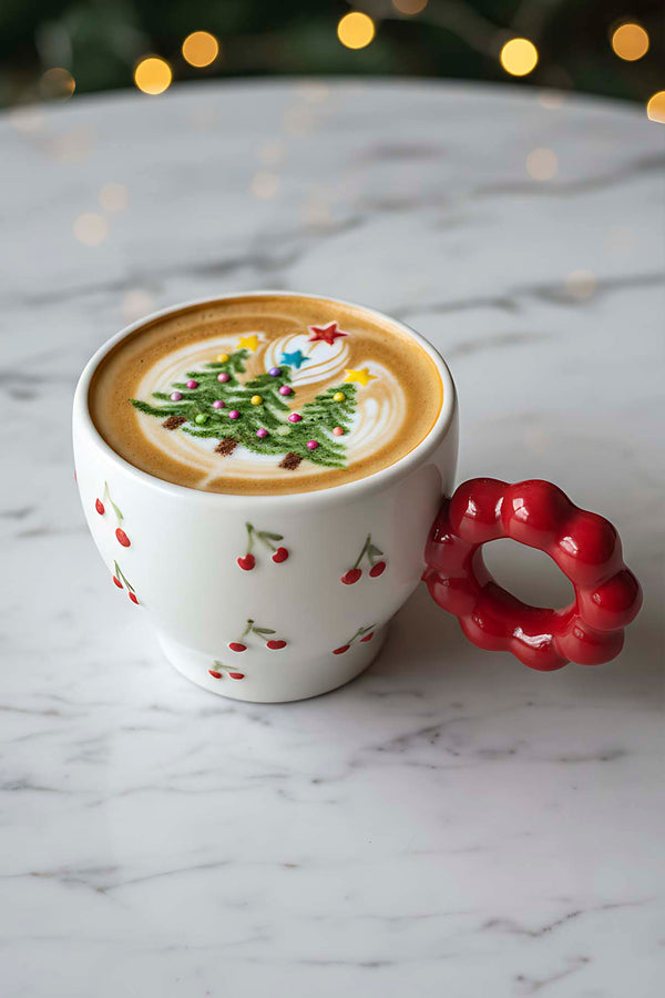 Cherry Amore Double Coffee Mug – Handmade Ceramic Espresso Cup, Christmas/New Year Gift, 100 ml