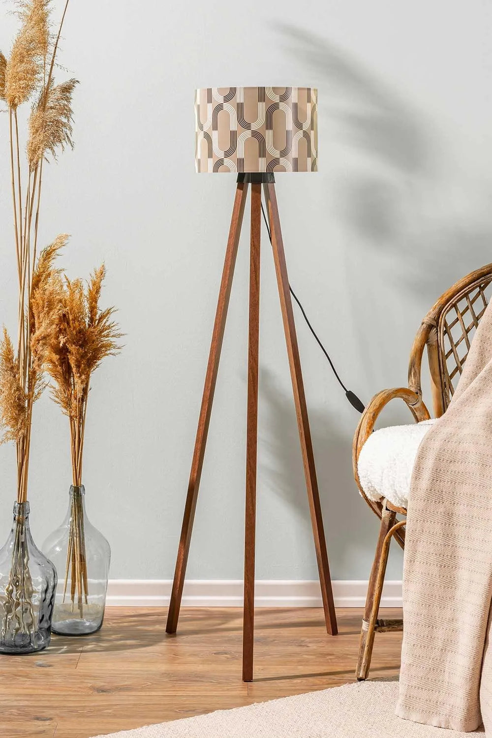 Geometric Abstract Taupe Cylindrical Shade Wooden Tripod Floor Lamp