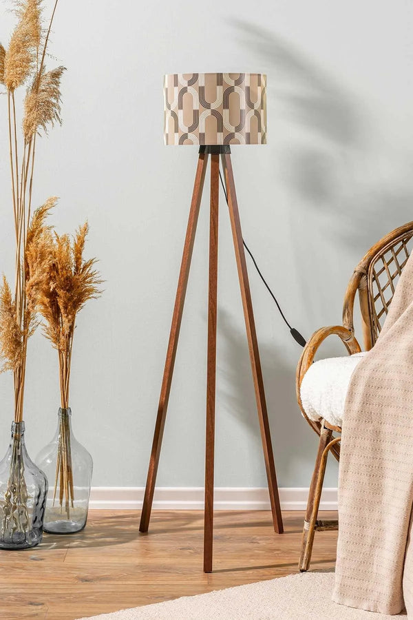 Geometric Abstract Taupe Cylindrical Shade Wooden Tripod Floor Lamp