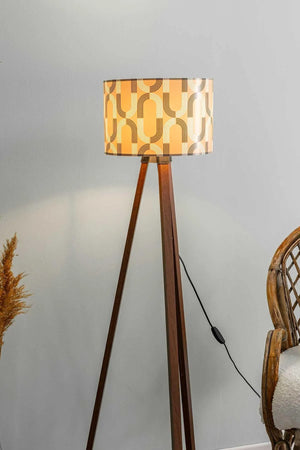 Geometric Abstract Taupe Cylindrical Shade Wooden Tripod Floor Lamp