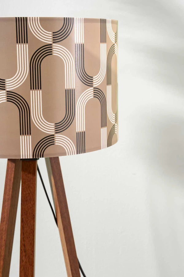 Geometric Abstract Taupe Cylindrical Shade Wooden Tripod Floor Lamp