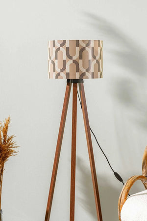 Geometric Abstract Taupe Cylindrical Shade Wooden Tripod Floor Lamp