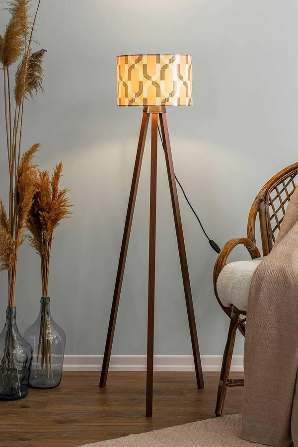 Geometric Abstract Taupe Cylindrical Shade Wooden Tripod Floor Lamp