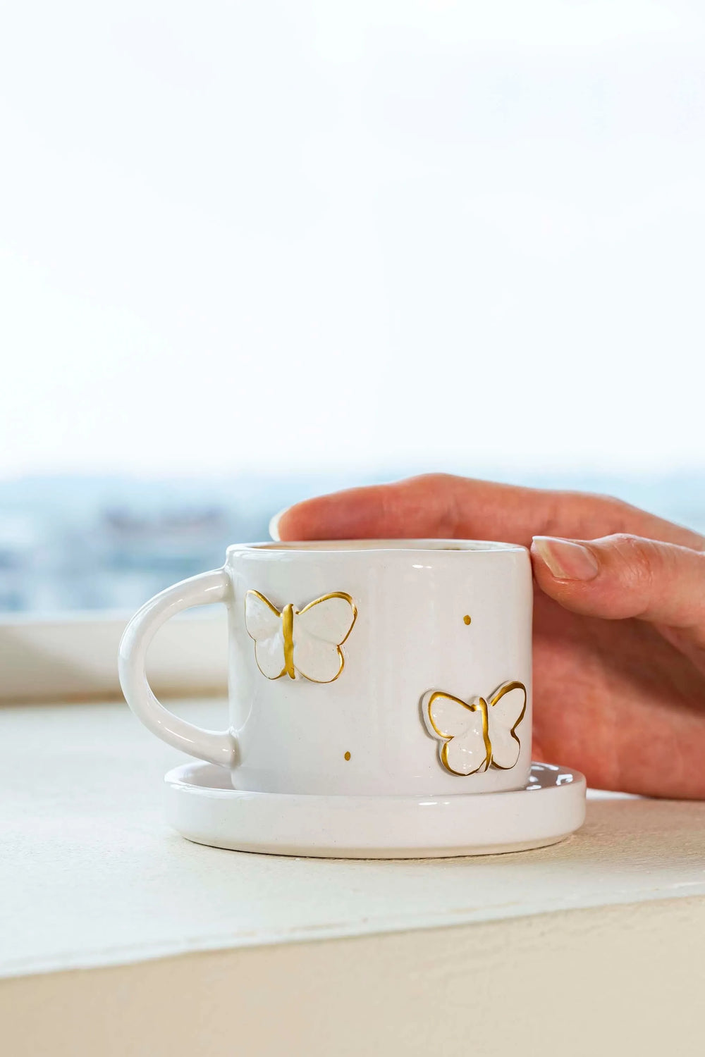 Gold Butterfly Amore Handmade Ceramic Double Coffee Cup Mug