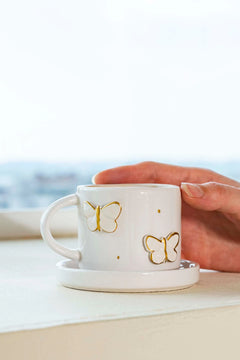 Gold Butterfly Amore Single Coffee Set – Handmade Ceramic Cup & Saucer, 180 ml (Cappuccino/Double Espresso)