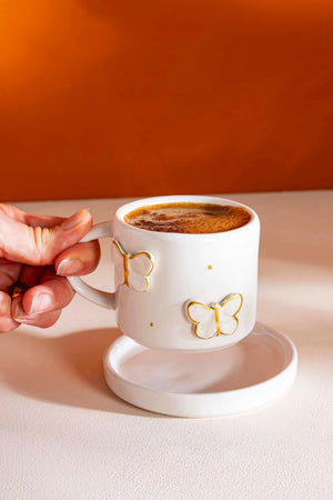 Gold Butterfly Amore Handmade Ceramic Double Coffee Cup Mug