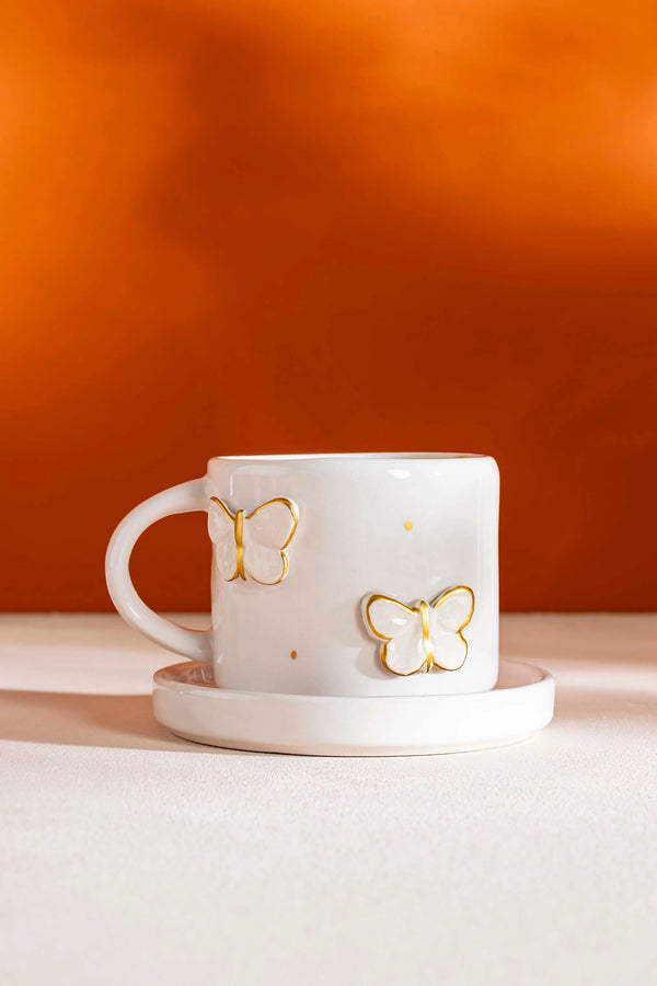Gold Butterfly Amore Handmade Ceramic Double Coffee Cup Mug