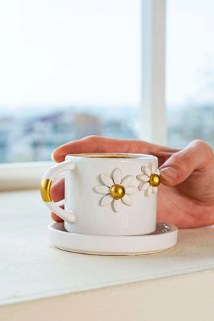 Gold Daisy Amore Handmade Ceramic Double Coffee Cup Mug