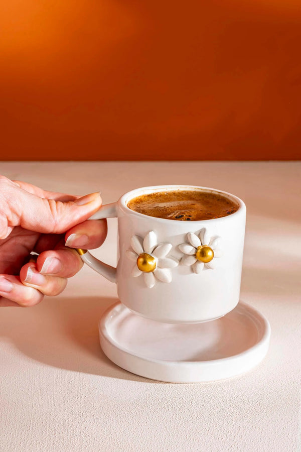 Gold Daisy Amore Handmade Ceramic Double Coffee Cup Mug