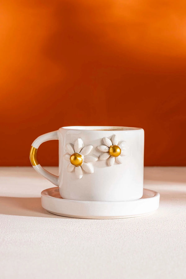 Gold Daisy Amore Handmade Ceramic Double Coffee Cup Mug