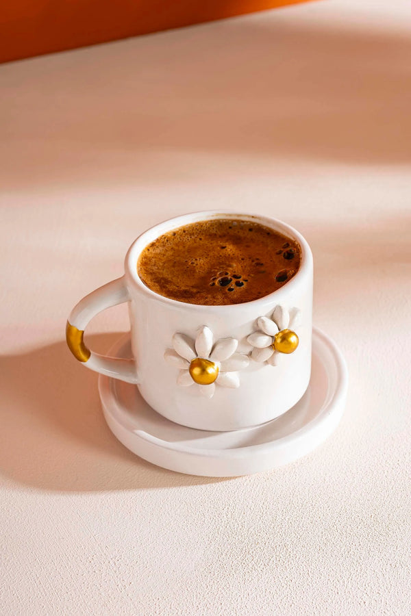 Gold Daisy Amore Handmade Ceramic Double Coffee Cup Mug