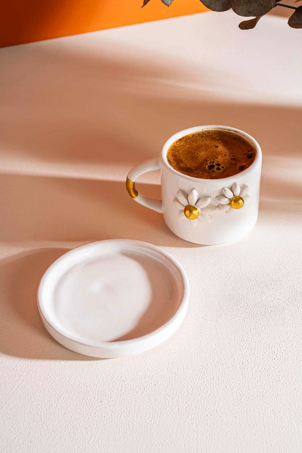Gold Daisy Amore Handmade Ceramic Double Coffee Cup Mug