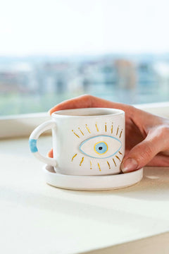 Evil Eye Pattern Amore Single Coffee Set – Handmade Ceramic Cup & Saucer, 180 ml (Cappuccino/Double Espresso)