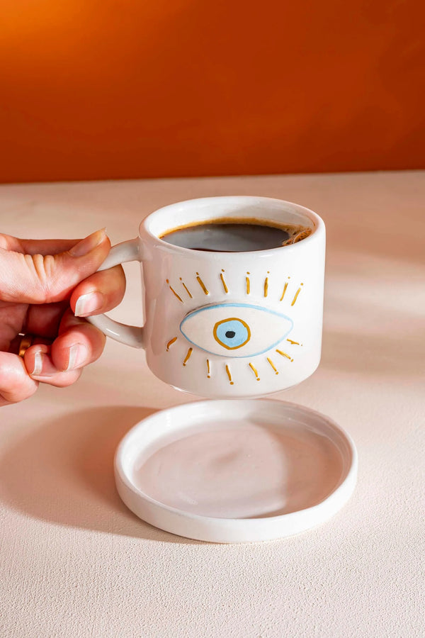 Evil Eye Pattern Amore Handmade Ceramic Double Coffee Cup Mug