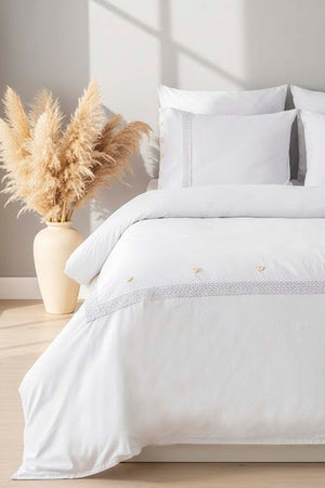 Grace Stone Guipure Lace 6-Piece Bridal Duvet Set – 100% Washed Organic Cotton, Embroidered, Queen Size