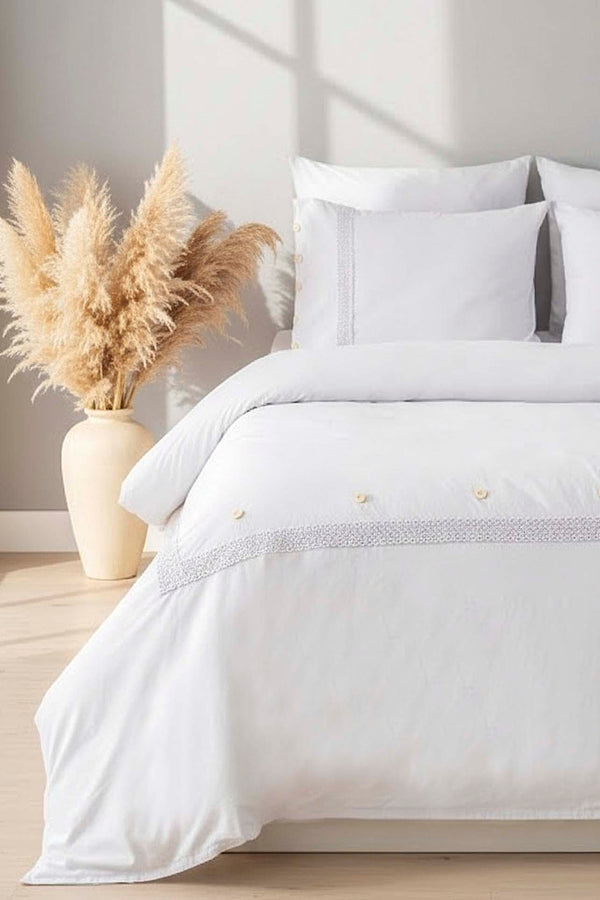Grace Stone Guipure Lace 6-Piece Bridal Duvet Set – 100% Washed Organic Cotton, Embroidered, Queen Size