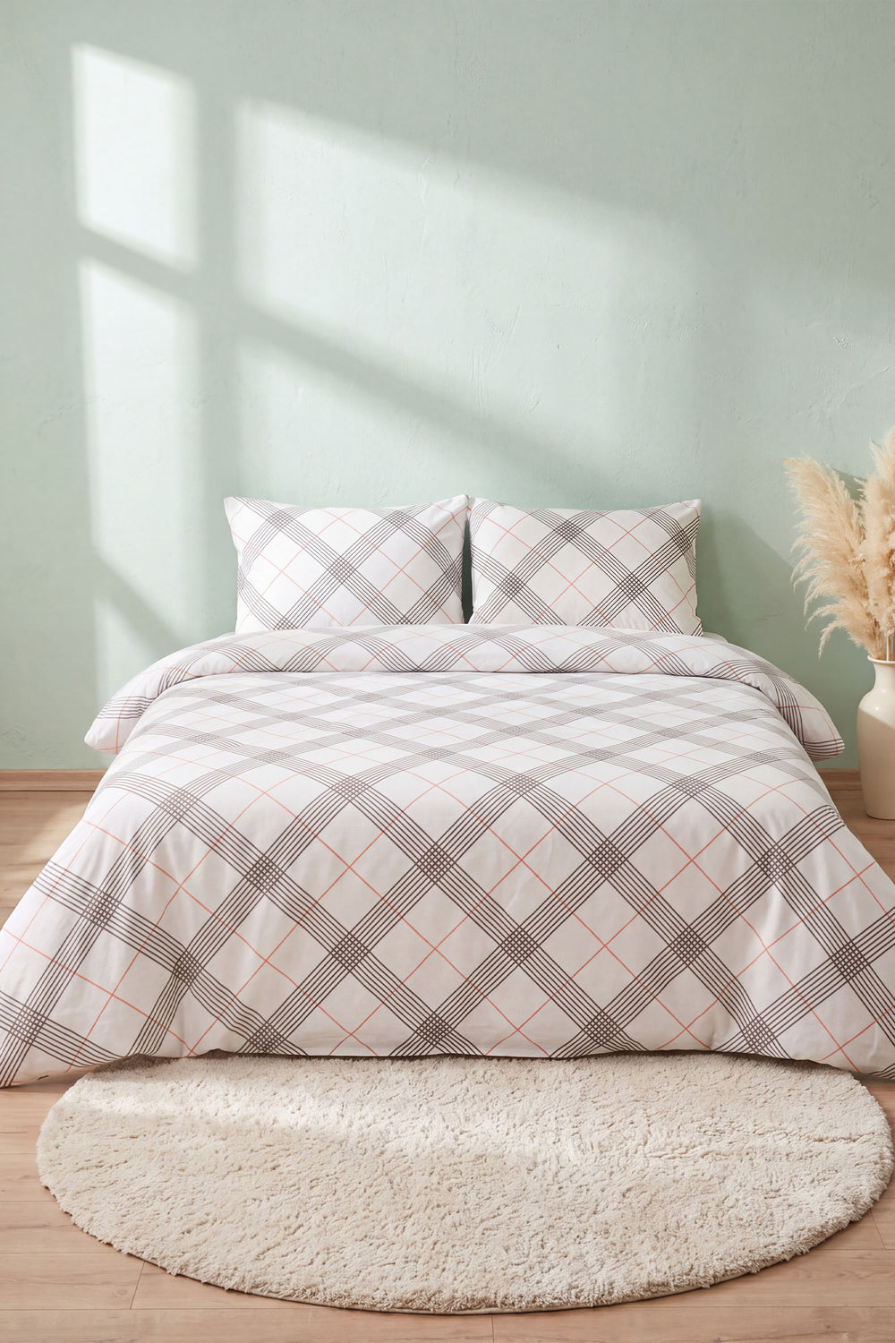 Grey Red %100 Cotton Ranforce Double Duvet Cover Set 4 Pieces