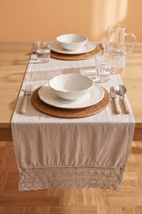 Gri Lacy Pamuklu Dantelli Runner 40X150 Cm