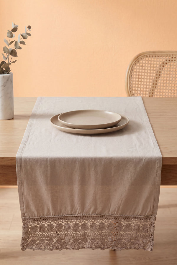 Gri Lacy Pamuklu Dantelli Runner 40X150 Cm