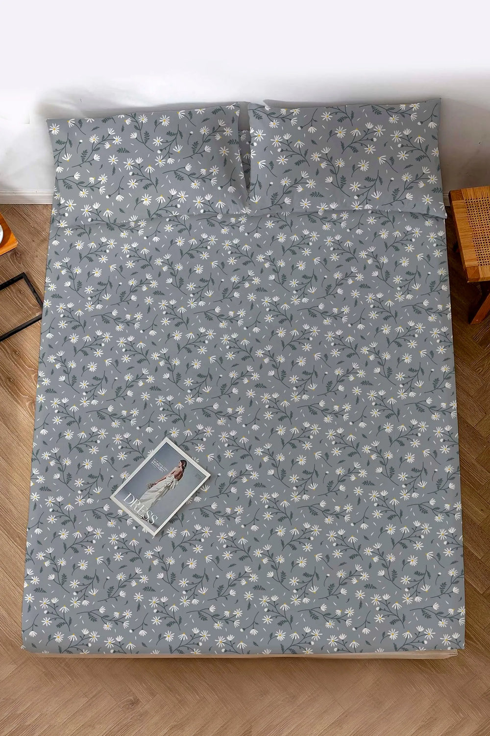 Gray Daisies Double Bed Sheet Cotton