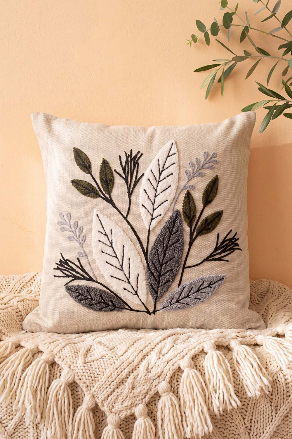 Gray Botanical Leaf Pattern Punch Decorative Cushion Cover