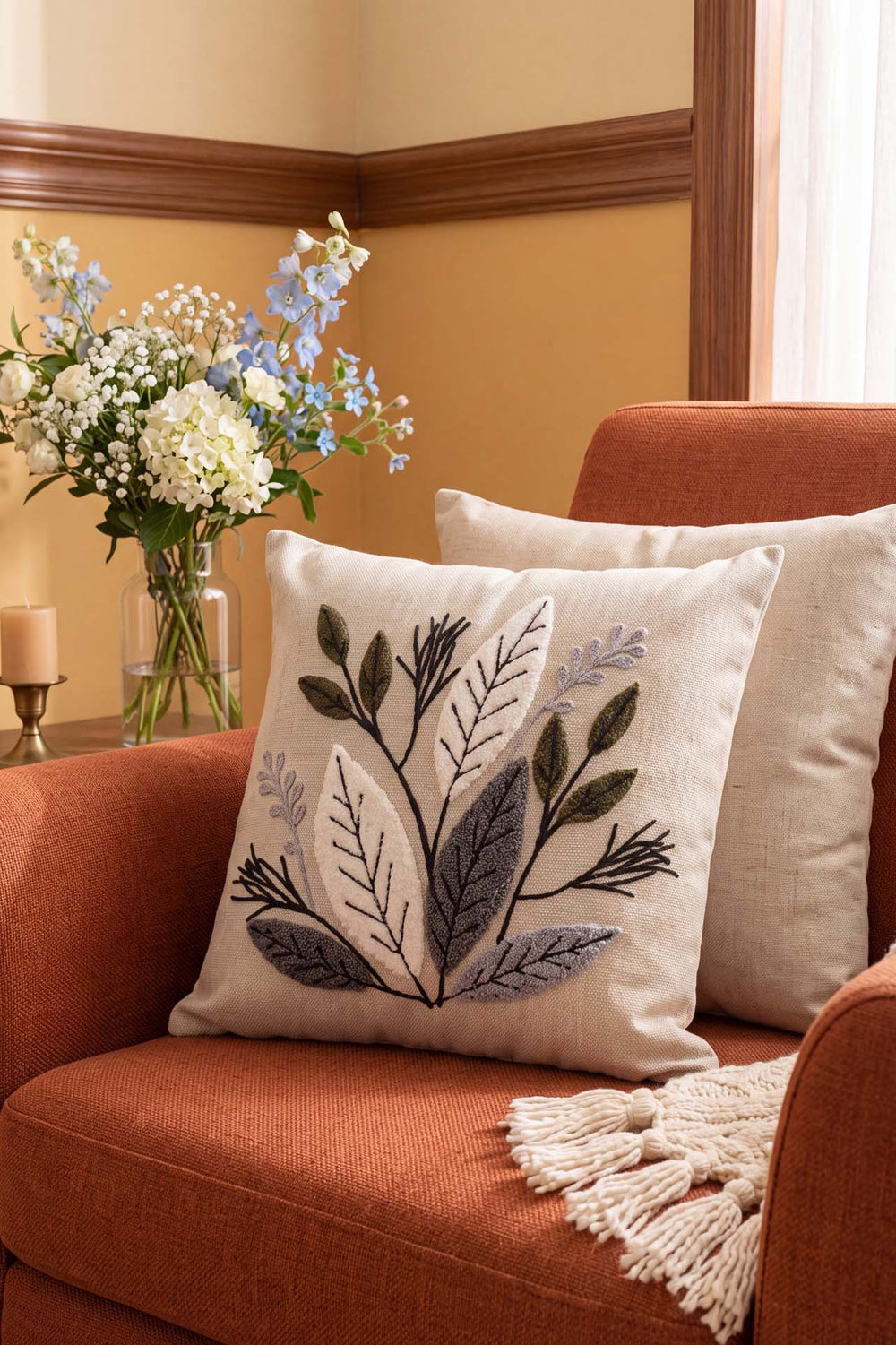 Gray Botanical Leaf Pattern Punch Decorative Cushion Cover