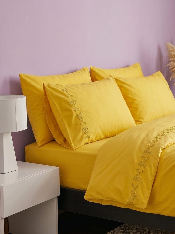 Alissa Yellow Floral Embroidered Cotton Double Duvet Cover Set – 6 Pieces