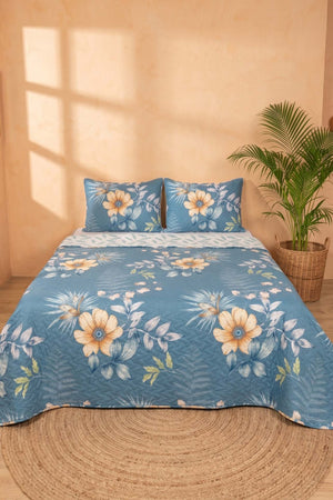 Blue Floral Patterned Double Quilted Bedspread & Multi-Purpose Coverlet
