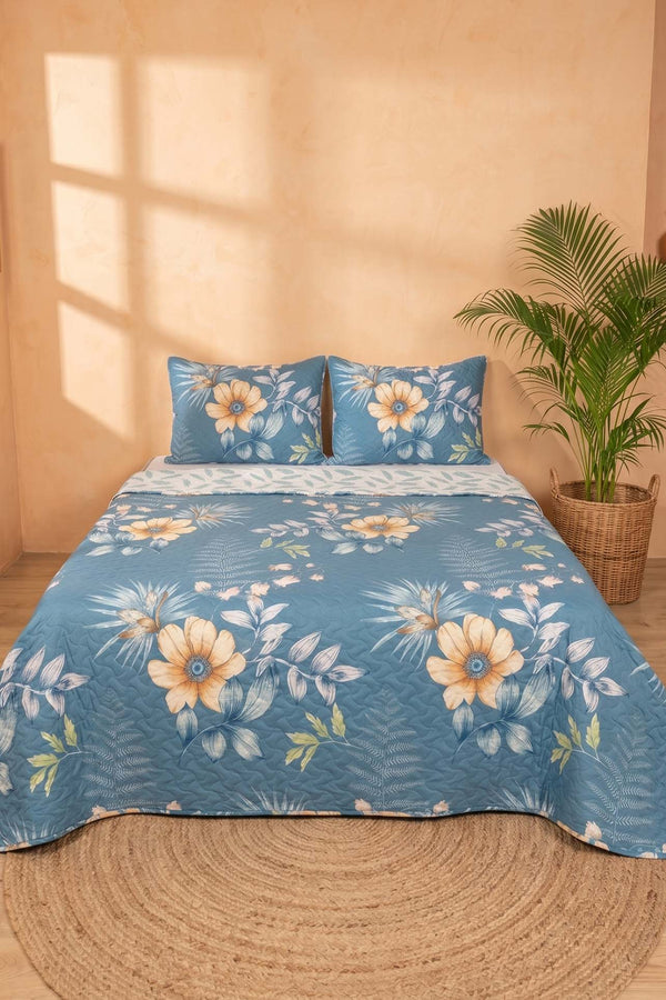 Blue Floral Patterned Double Quilted Bedspread & Multi-Purpose Coverlet