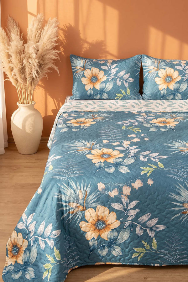 Blue Floral Patterned Double Quilted Bedspread & Multi-Purpose Coverlet