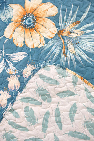 Blue Floral Patterned Double Quilted Bedspread & Multi-Purpose Coverlet