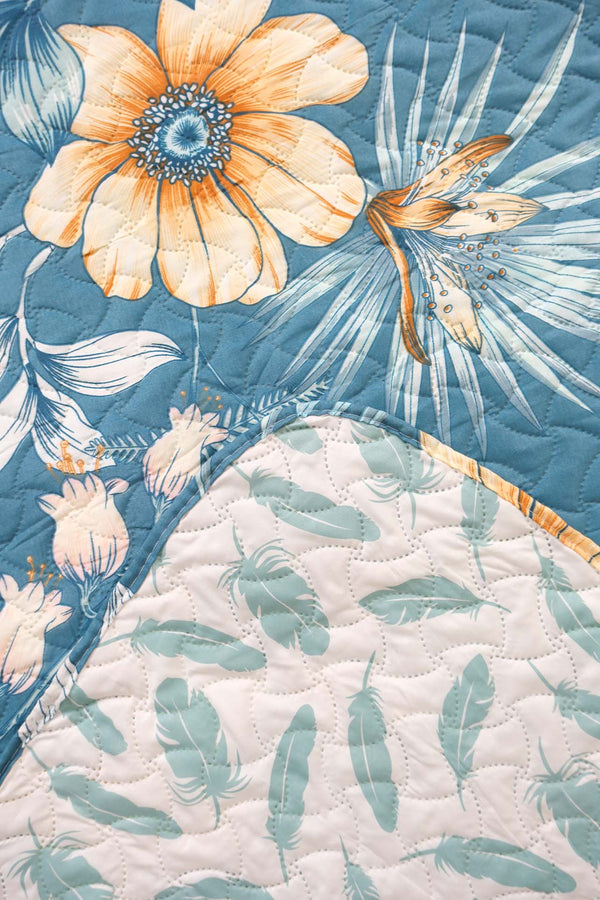 Blue Floral Patterned Double Quilted Bedspread & Multi-Purpose Coverlet
