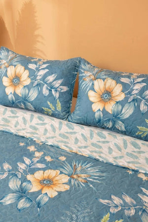 Blue Floral Patterned Double Quilted Bedspread & Multi-Purpose Coverlet