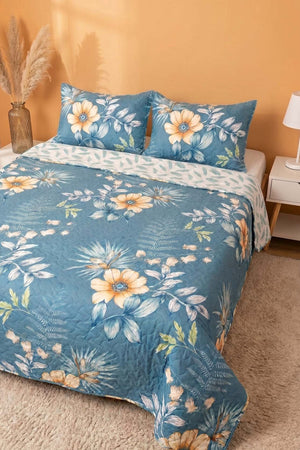 Blue Floral Patterned Double Quilted Bedspread & Multi-Purpose Coverlet