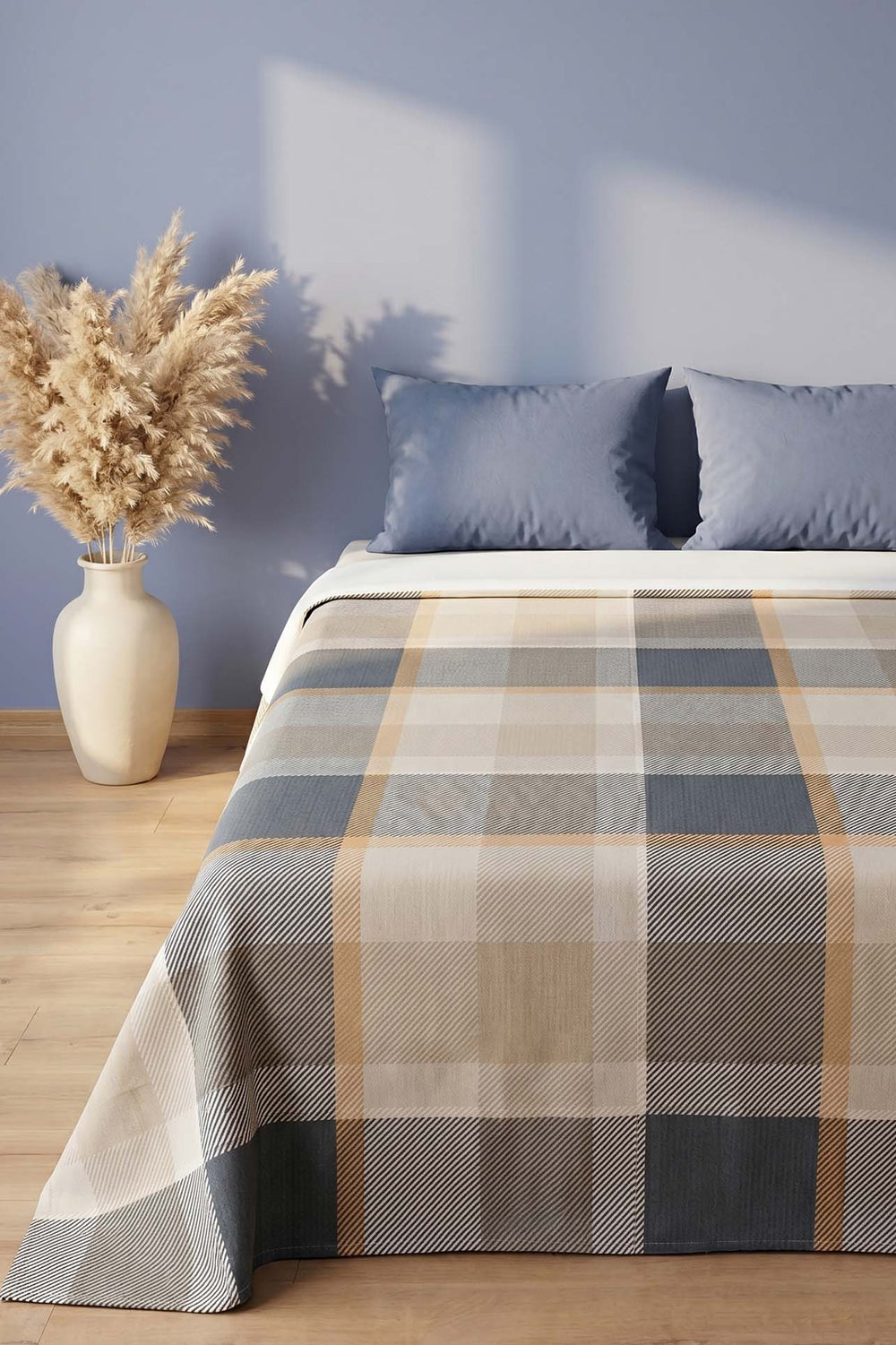 Navy Checkered Printed Double Bedspread – 200 × 230 cm
