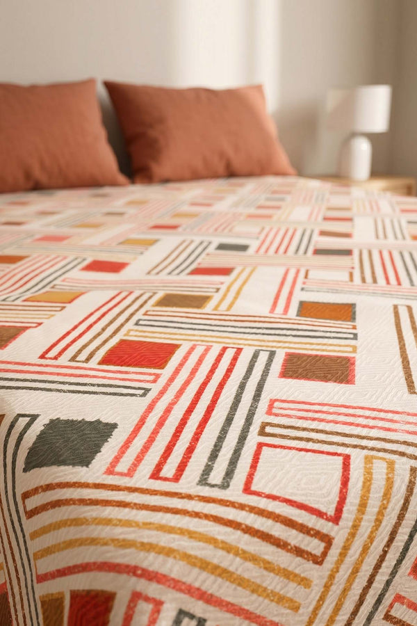 Renkli Geometrik Çift Kişilik Baskılı Pike Yatak Örtüsü 200X230 Cm