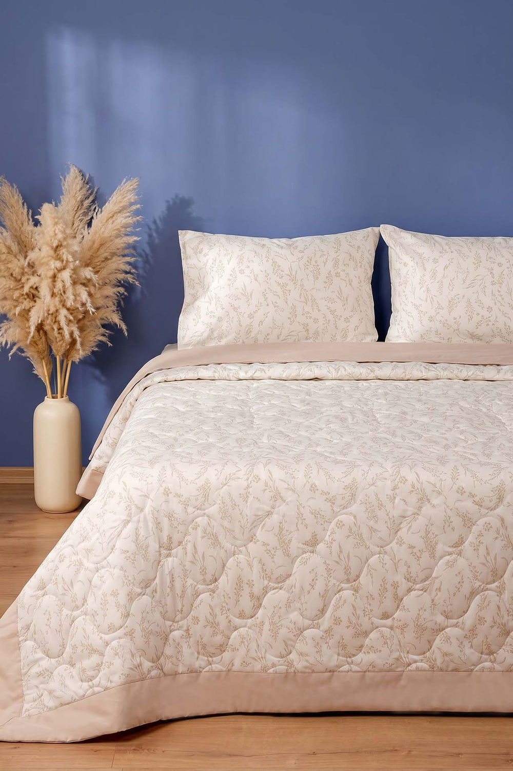 Natural Floral Double Quilted Bedspread & Multi-Purpose Coverlet Set – 3 Pieces