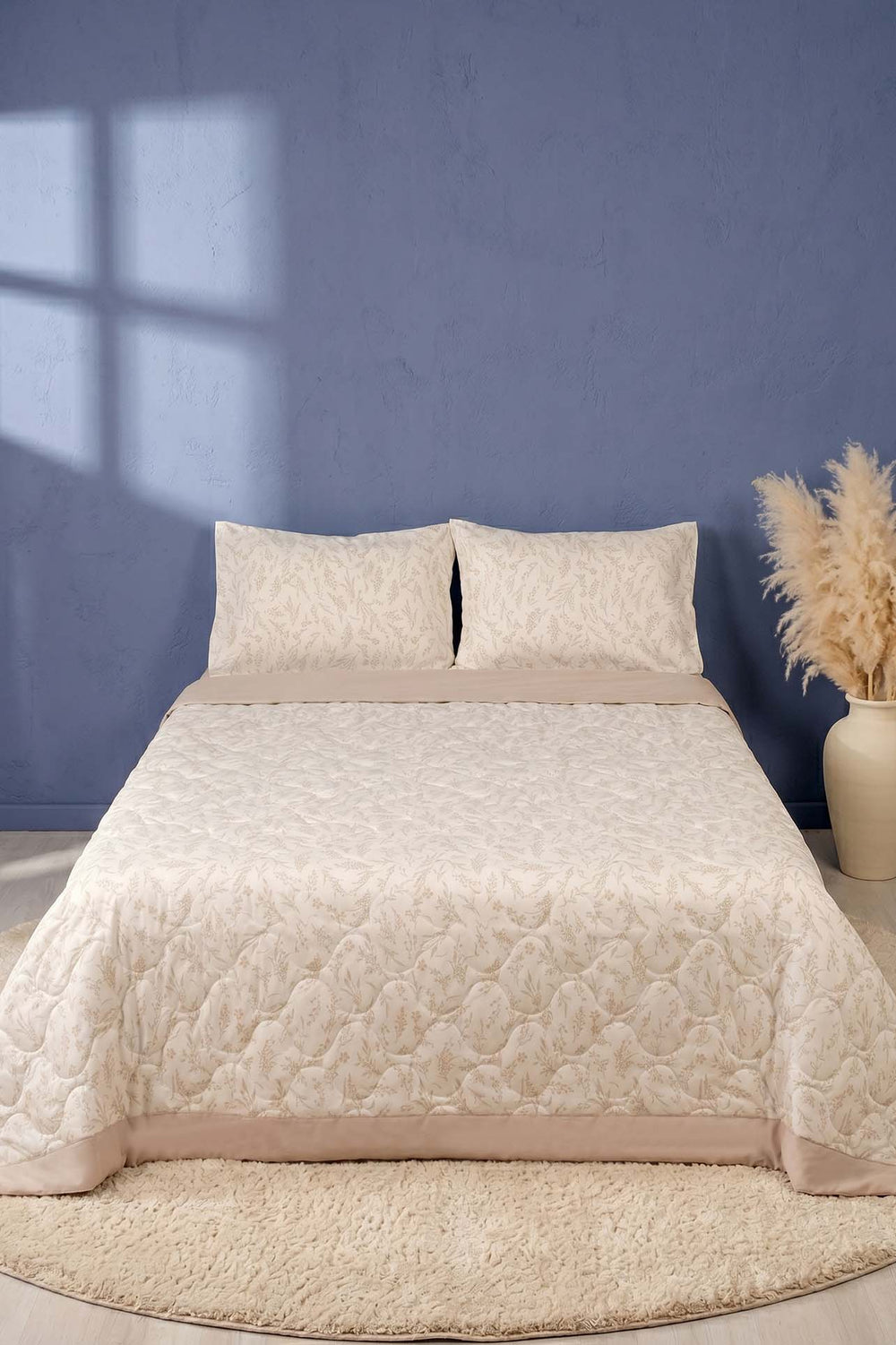 Natural Floral Double Quilted Bedspread & Multi-Purpose Coverlet Set – 3 Pieces