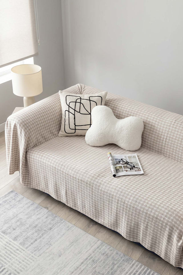 Beige Gingham Patterned Fleece Sofa Cover with Soft Texture – 170 × 210 cm
