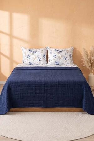 Navy Floral Patterned Cotton Honeycomb Double Bedspread Set – 4 Pieces