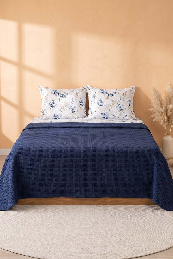 Navy Floral Patterned Cotton Honeycomb Double Bedspread Set – 4 Pieces