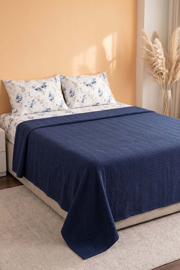 Navy Floral Patterned Cotton Honeycomb Double Bedspread Set – 4 Pieces