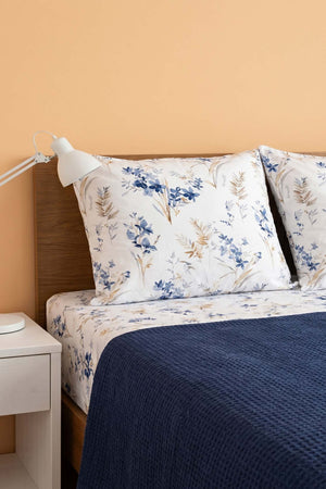 Navy Floral Patterned Cotton Honeycomb Double Bedspread Set – 4 Pieces
