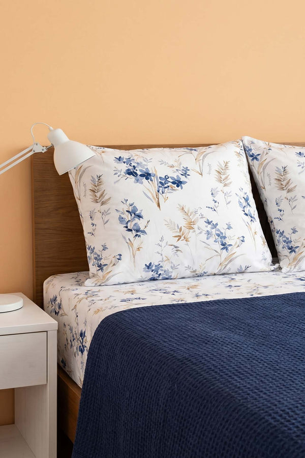 Navy Floral Patterned Cotton Honeycomb Double Bedspread Set – 4 Pieces