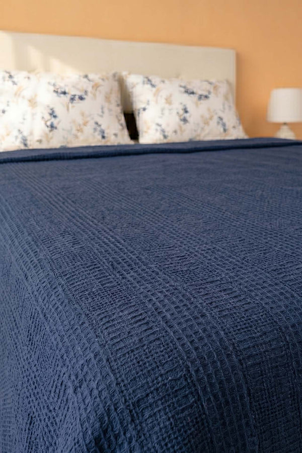 Navy Floral Patterned Cotton Honeycomb Double Bedspread Set – 4 Pieces
