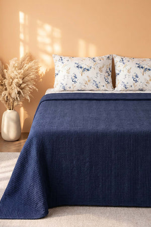 Navy Floral Patterned Cotton Honeycomb Double Bedspread Set – 4 Pieces