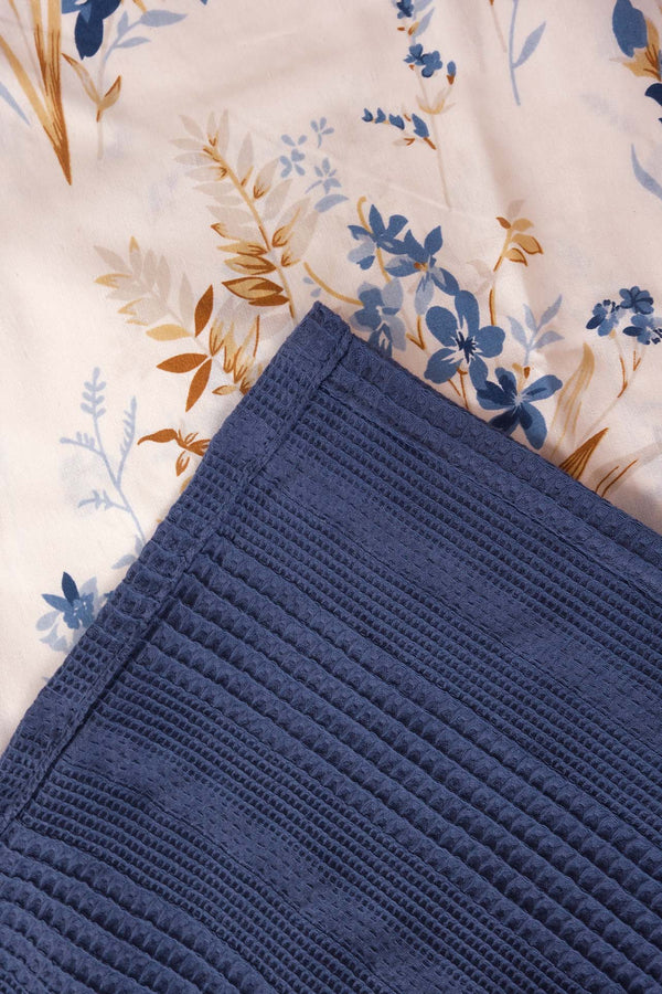 Navy Floral Patterned Cotton Honeycomb Double Bedspread Set – 4 Pieces