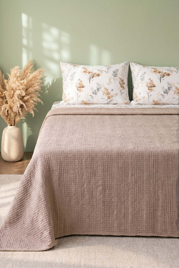 Beige Floral Patterned Cotton Honeycomb Double Bedspread Set – 4 Pieces