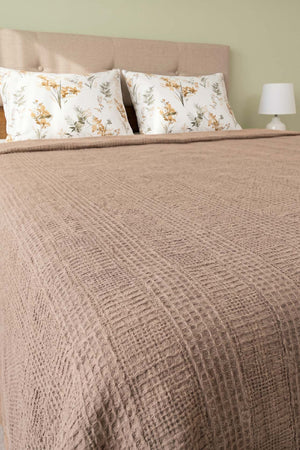 Beige Floral Patterned Cotton Honeycomb Double Bedspread Set – 4 Pieces