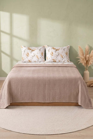 Beige Floral Patterned Cotton Honeycomb Double Bedspread Set – 4 Pieces